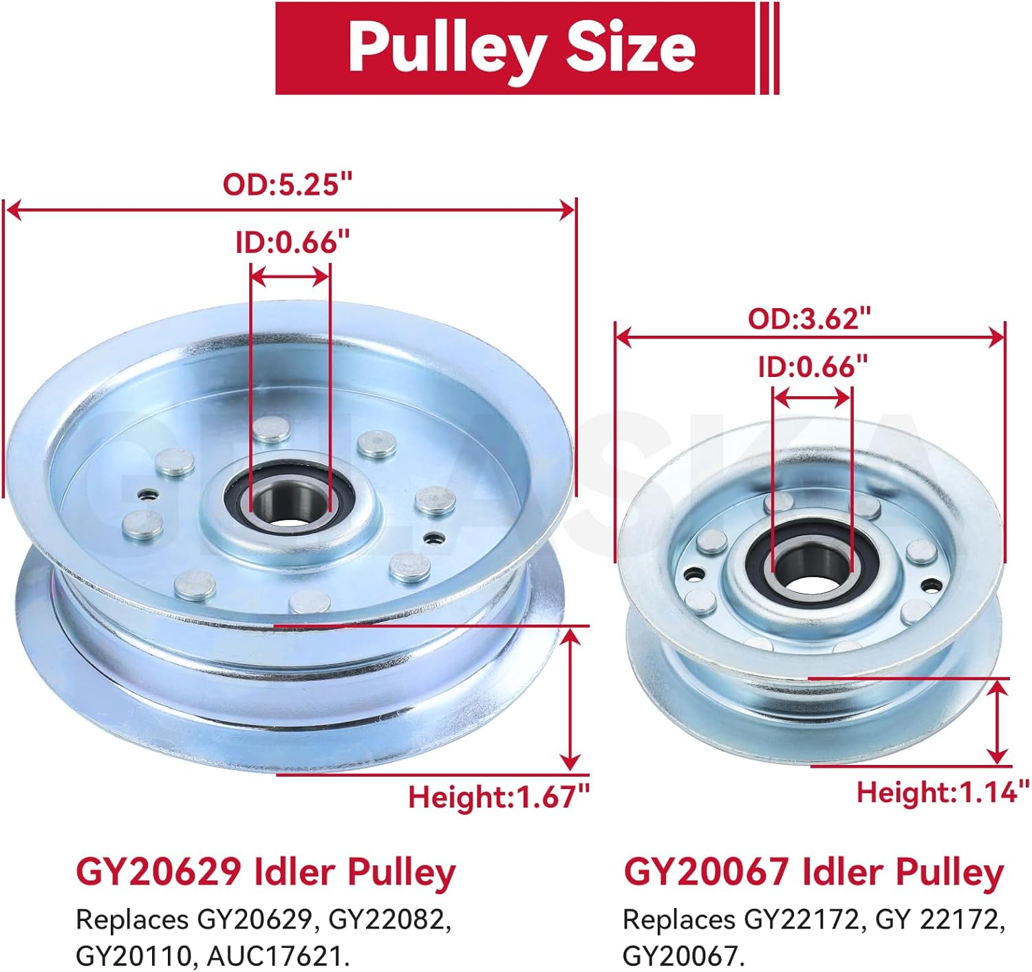 GELASKA GY22172 Idler Pulley with GY20629 Idler Pulley Replaces AUC17621 GY22082 GY20067 GY20110 for John Deere D110 D130 D140 D160 E140 E170 L100 L110 L120 L130 LA105 LA115 LA130 LA145 Z225 Mowers