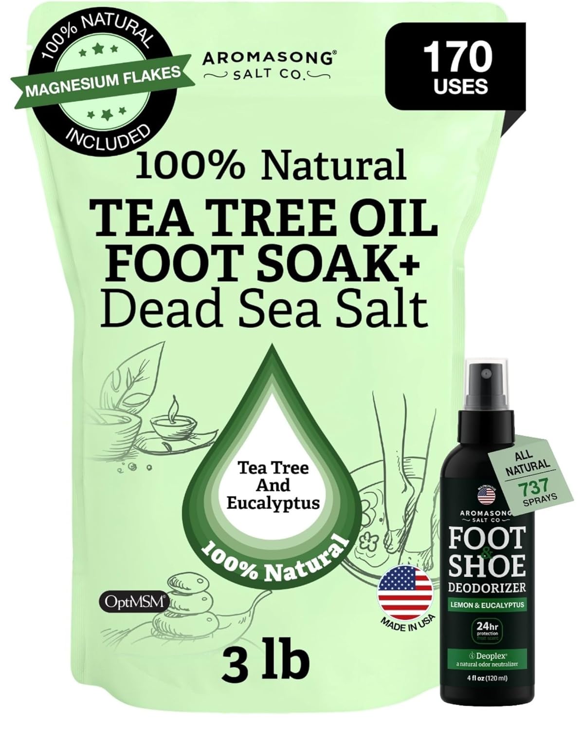Aromasong Tea Tree Foot Soak 3 lb & Natural Shoe Deodorizer Spray 4 oz – Bundle for Odor Control, Tired Feet Relief, Sweat Protection & Fresh Shoes All Day