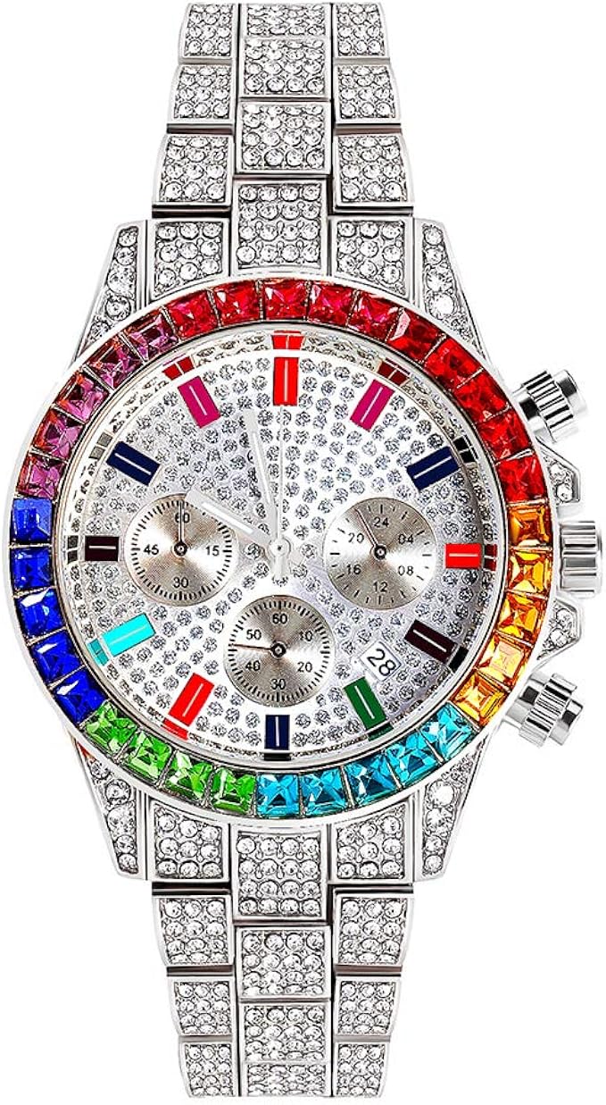 Orologio hip-hop con diamanti Orologio a tre occhi con diamanti Ghiacciato  con pavé di diamanti colorati Orologio da polso da uomo Calendario Orologio  da polso al quarzo : Amazon.it: Orologi