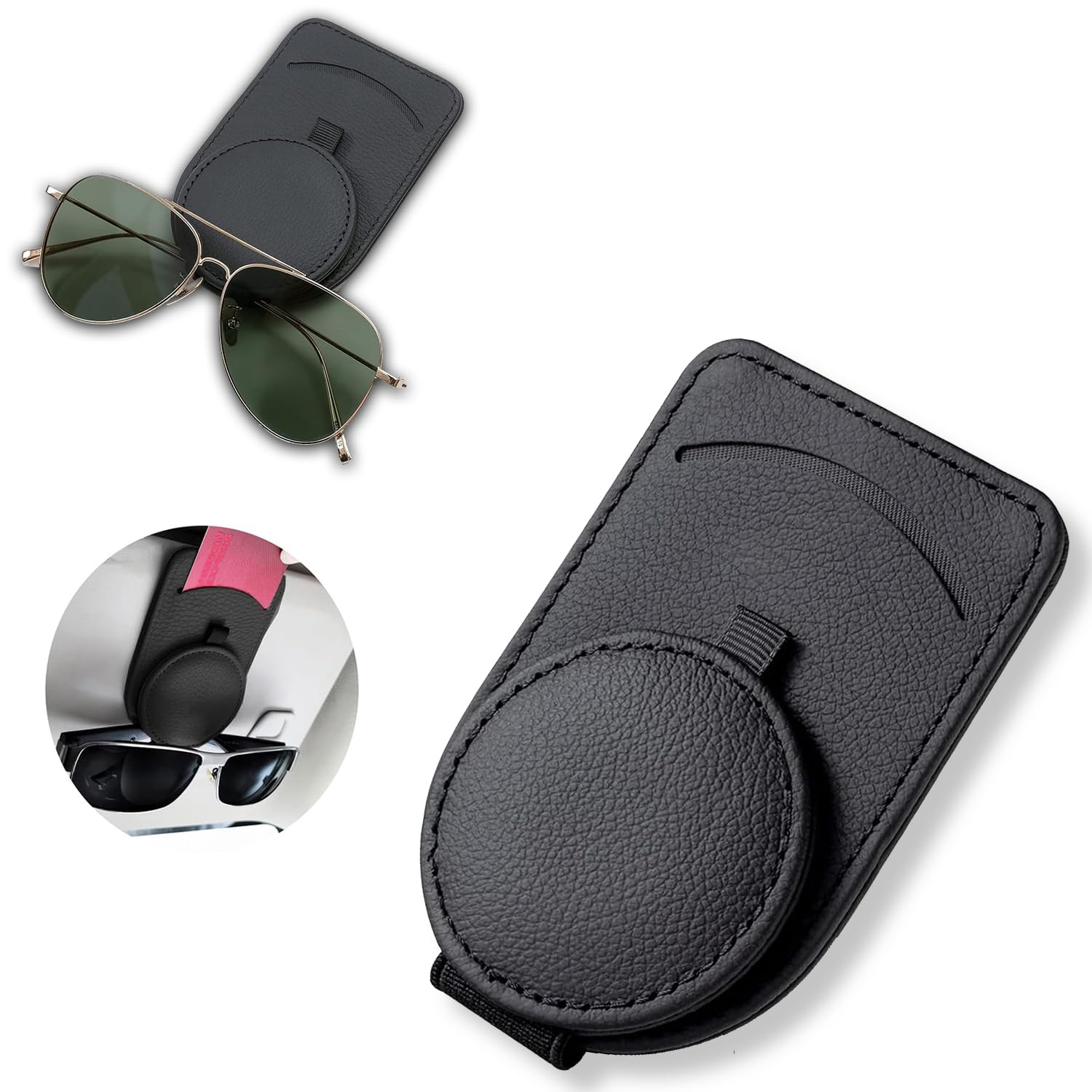 ECASA™ Magnetic Leather Car Sunglass Holder For Car Visor, Car Card Holder For Car Visor, Eyeglass Hanger Car Clip for Car Sun Visor, Ticket Card Car Clip Eyeglasses Mount