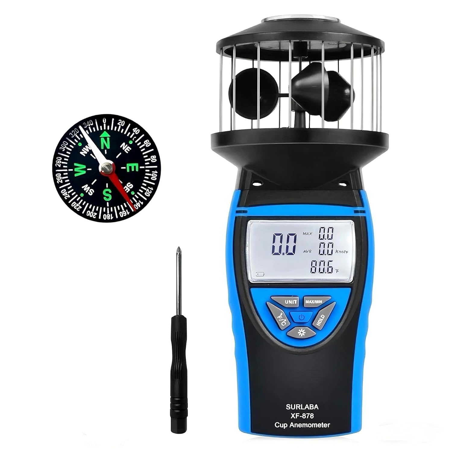 Cup Anemometer with Compass, 360° Wind Measuring Digital Air Wind Speed Meter, 93MPH Wind Speed Measuring