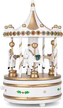 Cottage Garden Rotating Carousel White 9 inch Wood Musical Christmas Figurine Plays Jingle Bells