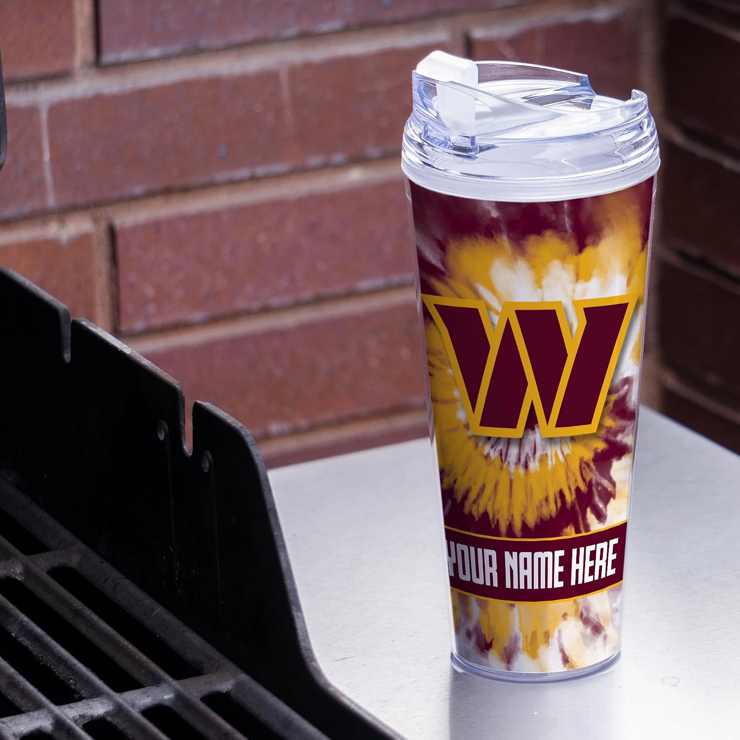 Rico Industries NFL Football Washington Commanders Metallic Tie Dye Personalized 24oz Acrylic Tumbler W/Hinged Lid - Team Colored Metallic Art Plastic Travel Tumbler - Keeps Drinks Cold or Hot