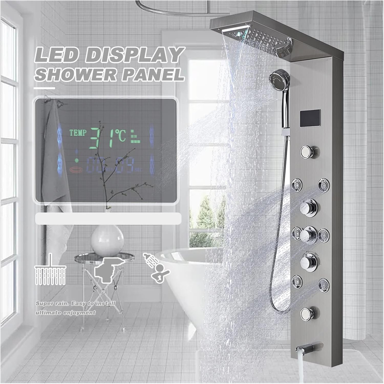 LED 降雨滝シャワー パネル タワー システム LEDシャワーパネル バスシャワーの蛇口 温度デジタル表示 浴槽の蛇口 ボディマッ