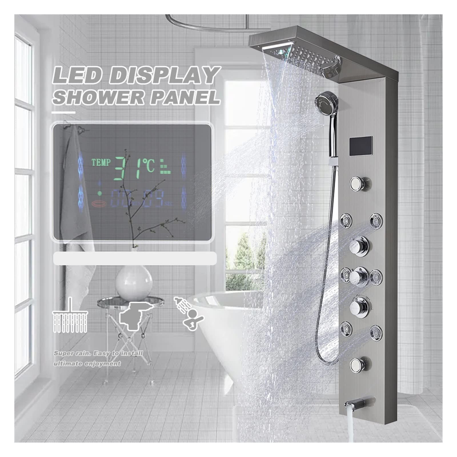 Pannello Doccia a LED Rubinetto for Vasca da Bagno Temperatura Display Digitale Rubinetto for Vasca di Massaggio del Corpo Getti Rubinetto for Colonna Doccia a Torre(8013 Black)
