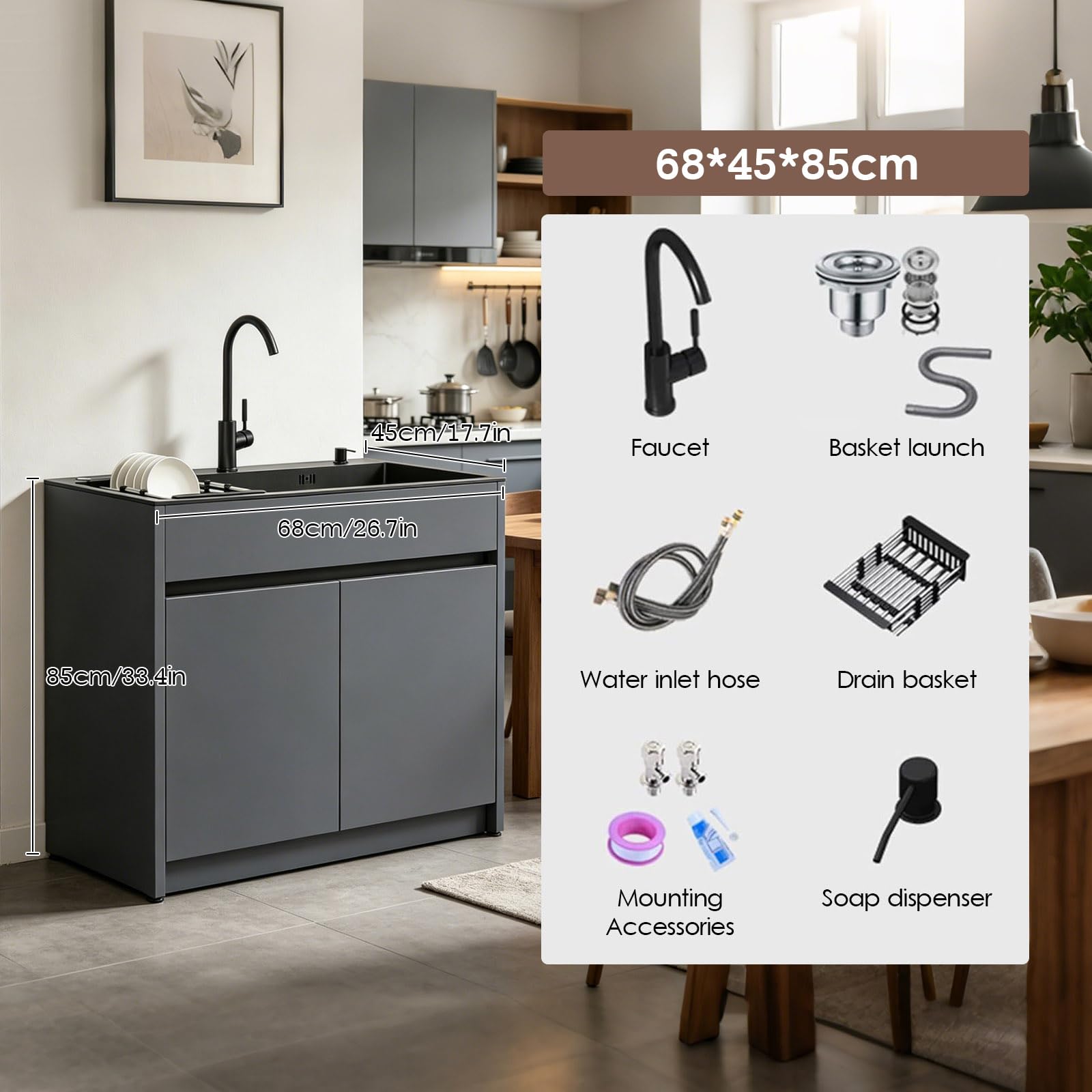 Meuble Évier avec Vasque en Acier Inoxydable Noir pour Buanderie et Garage, armoire de rangement en aluminium alvéolaire avec robinet, distributeur de savon et panier amovible, étanche et réglable