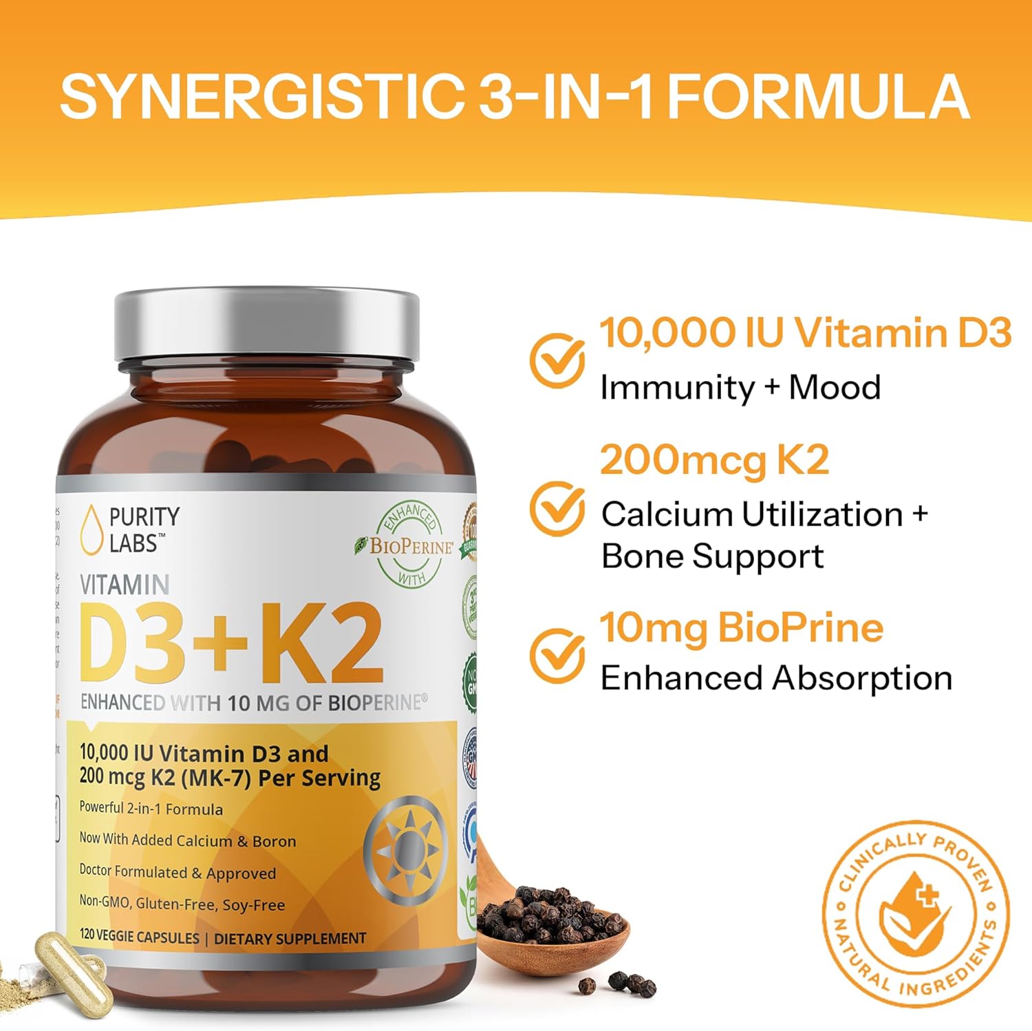 Purity Labs Vitamin D3 K2 10000 IU, (250mcg) D3 + 200mcg K2 MK7 - Immune Support Supplement Enhanced with Bioperine - Supplements for Daily Defense, Bone, Muscle & Skin Health - 120 Capsules