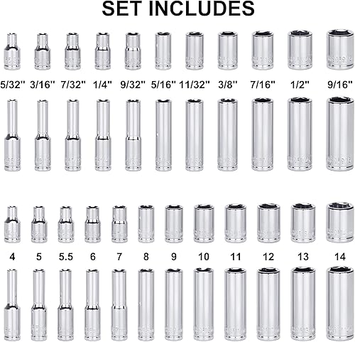 Miniatura 3 de Mayouko Juego de 62 llaves de vaso de 1/4 de pulgada, SAE/métricas, juego de llaves de vaso Dr. de 1/4 pulgadas con trinquete y adaptadores, 5/32