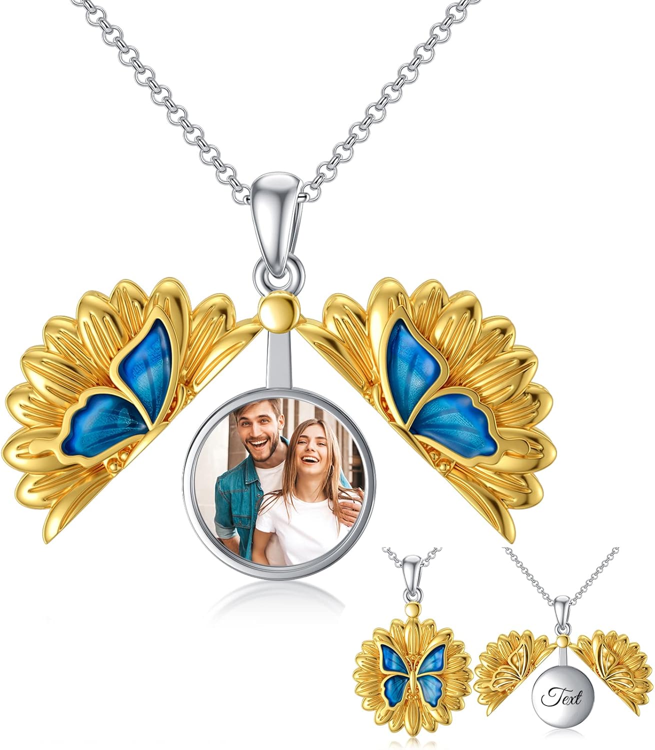 SOULMEET Personalized Butterfly Locket Necklace That Holds Up to 2 Pictures, Memorial Insects Silver Butterfly Photo Locket Custom Any Photo Healing Gift