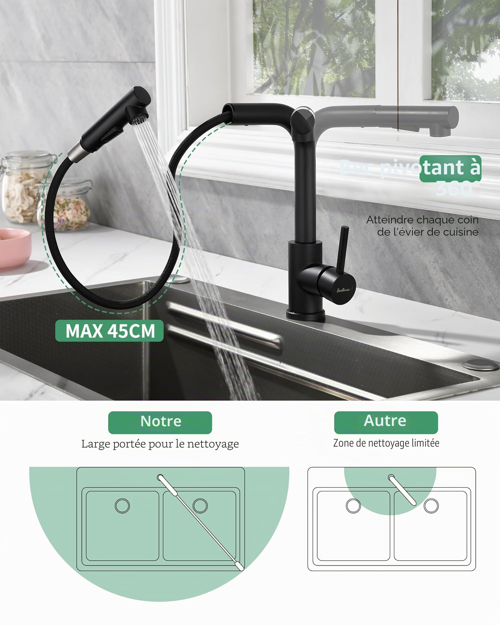 Mitigeur de cuisine extractible Baollansa, acier inoxydable, haute pression, douchette, 2 jets, pivotant 360°