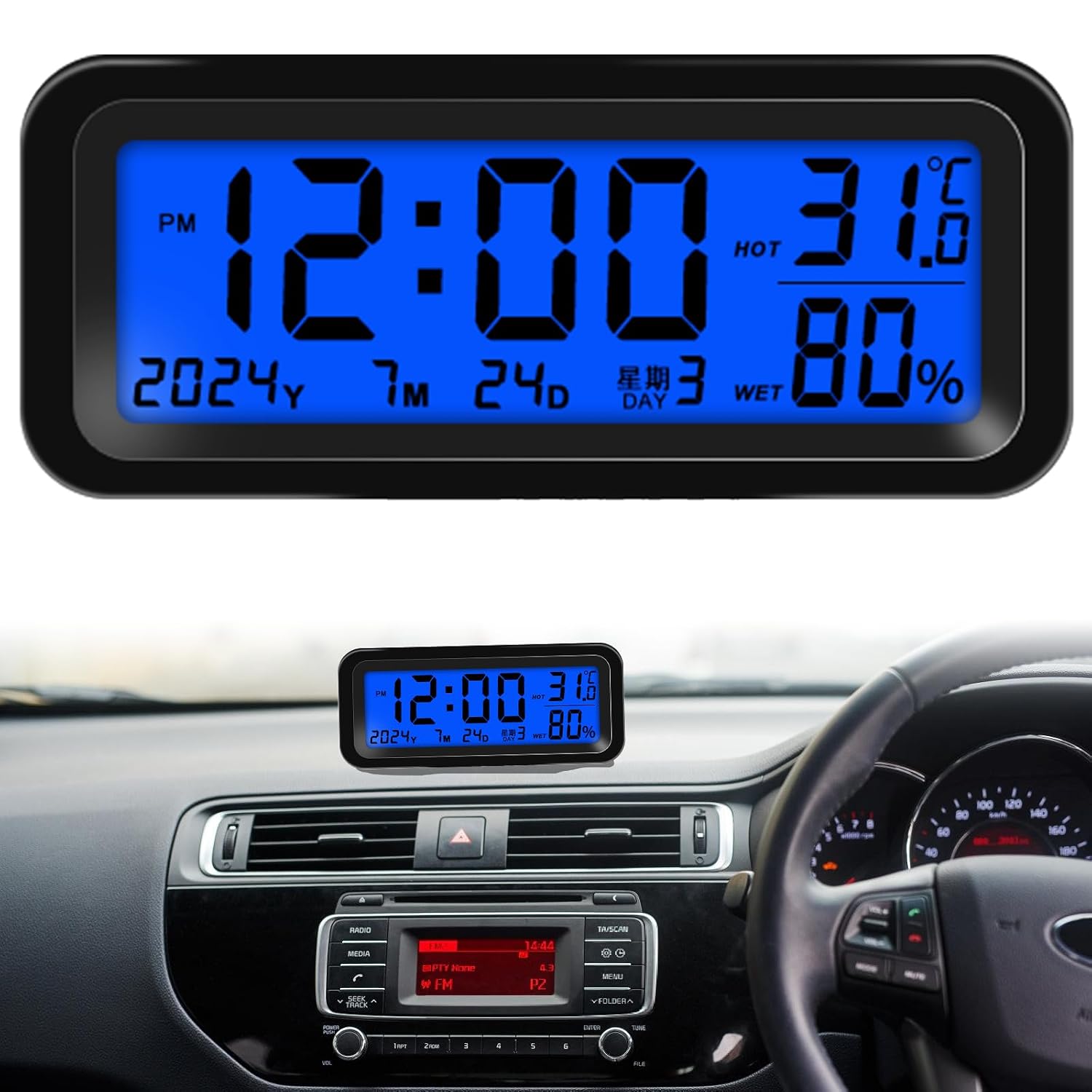 Solar LCD Car Digital Clock with Date Week Time Inner Temperature Display Charging