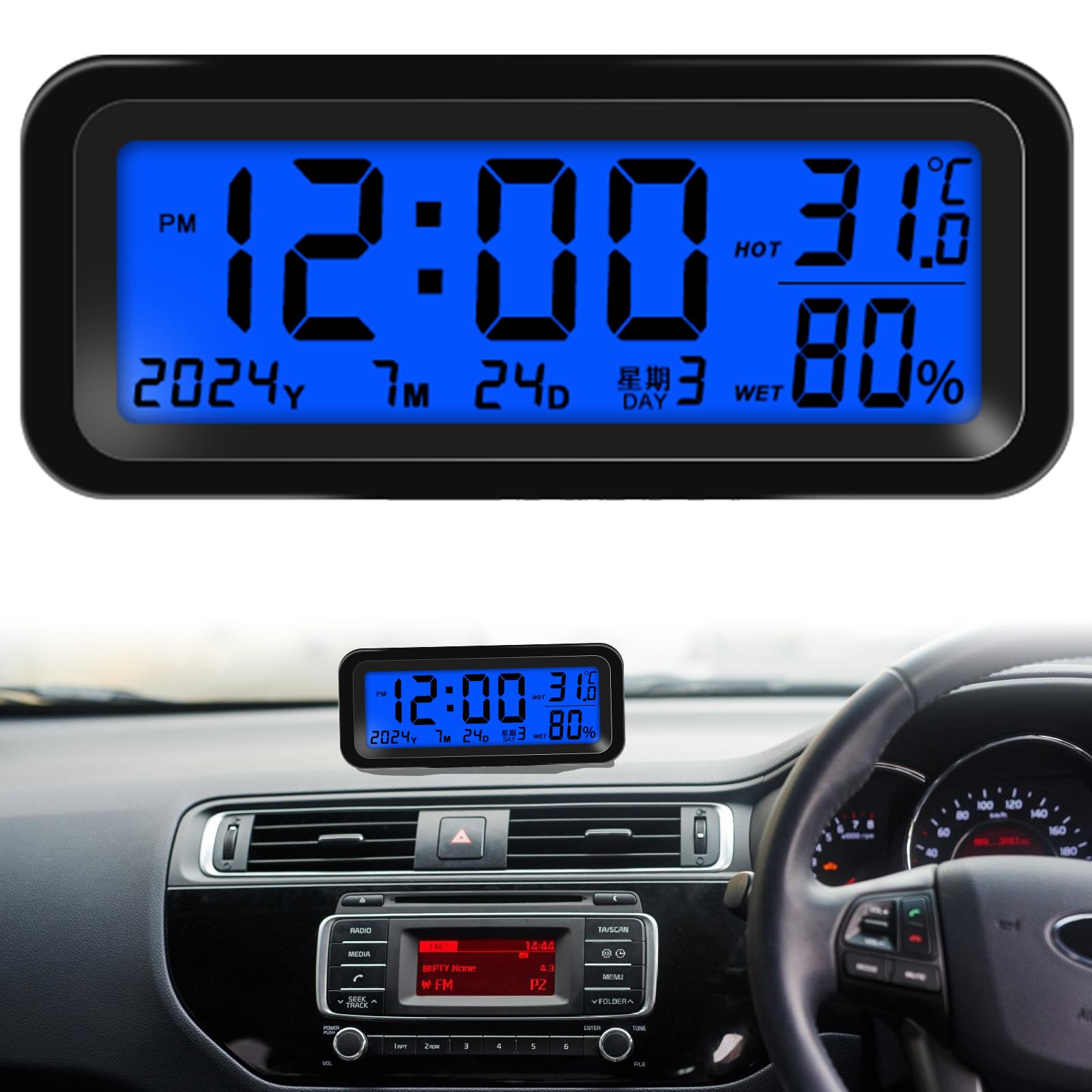 Horloge Numérique Pour Tableau De Bord De Voiture - Affichage LCD De La Date/heure, Adhésif Double Face - Mini Décoration Pratique - 5