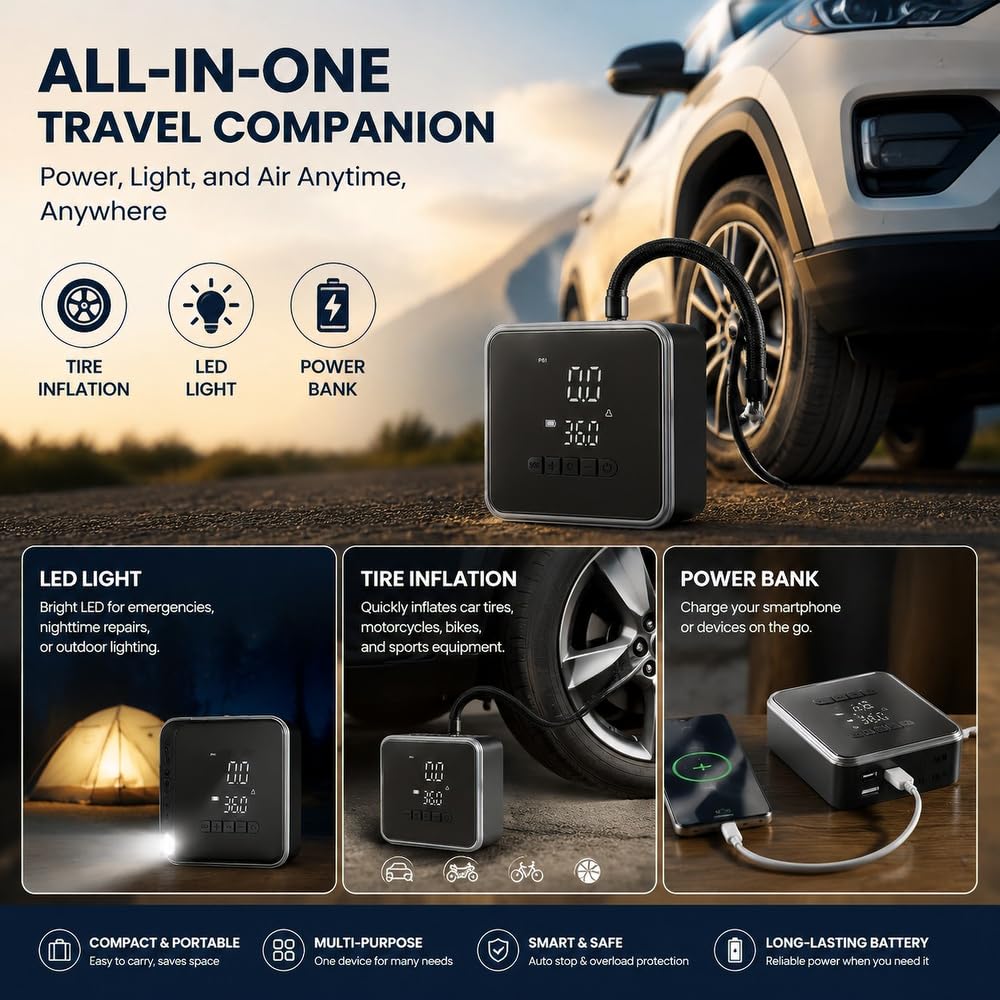 KinZon Gonfiatore Pneumatici Auto 150 PSI, Mini Compressore D'Aria Portatile Ricaricabile Senza Fili e 12 V, Spegnimento Automatico, Schermo Digitale, Lampada LED per Auto, Moto, Bicicletta