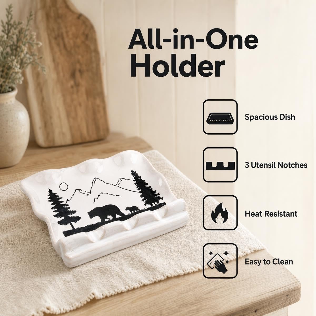 Ceramic Spoon Rest Large Stove Top Utensil Holder Bear Forest Art image 2