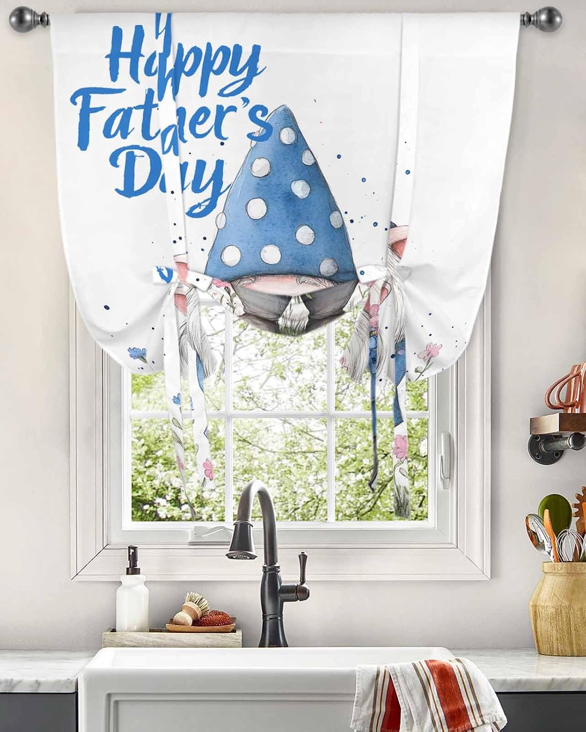 Tie Up Curtains for Windows, Happy Father's Day Kitchen Curtain Adjustable Balloon Window Shades, Blue Gnomes Garden Floral Valance Curtains for Living Room/Bedroom/Cafe 52"x63"