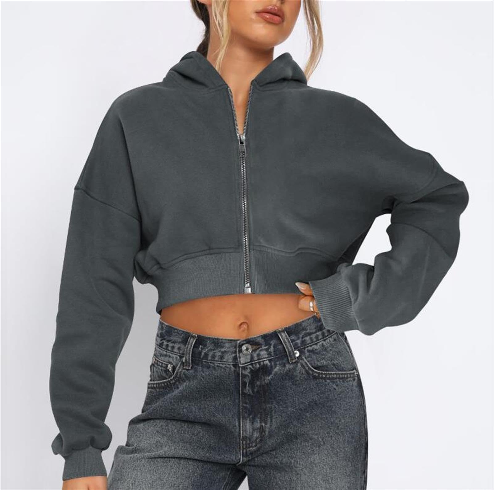 Zip Up Cropped Sudadera de Las Mujeres Manga Larga Color sólido Suelto Cuello Redondo Escotado Jersey con Capucha Chaqueta de Ropa Exterior,Gris,M