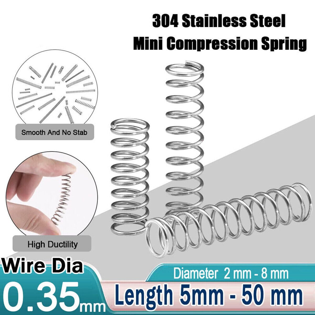 10Pcs Compression Spring Wire Dia.0.35mm Length 5mm-50mm Small Stainless Steel Springs (10,0.35mm-2mm-20mm)