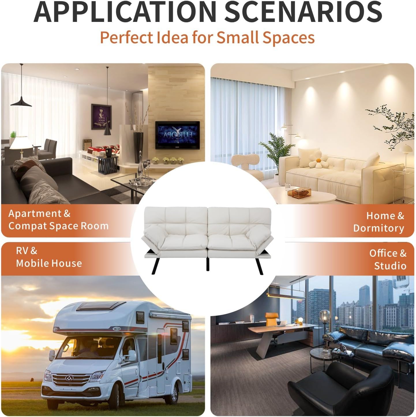 MUUEGM Memory Foam Futon Sofa Bed, Convertible Couch, Modern Loveseat Sleeper for Small Space, Apartment, Living Room, Adjustable Backrests and Armrests, White