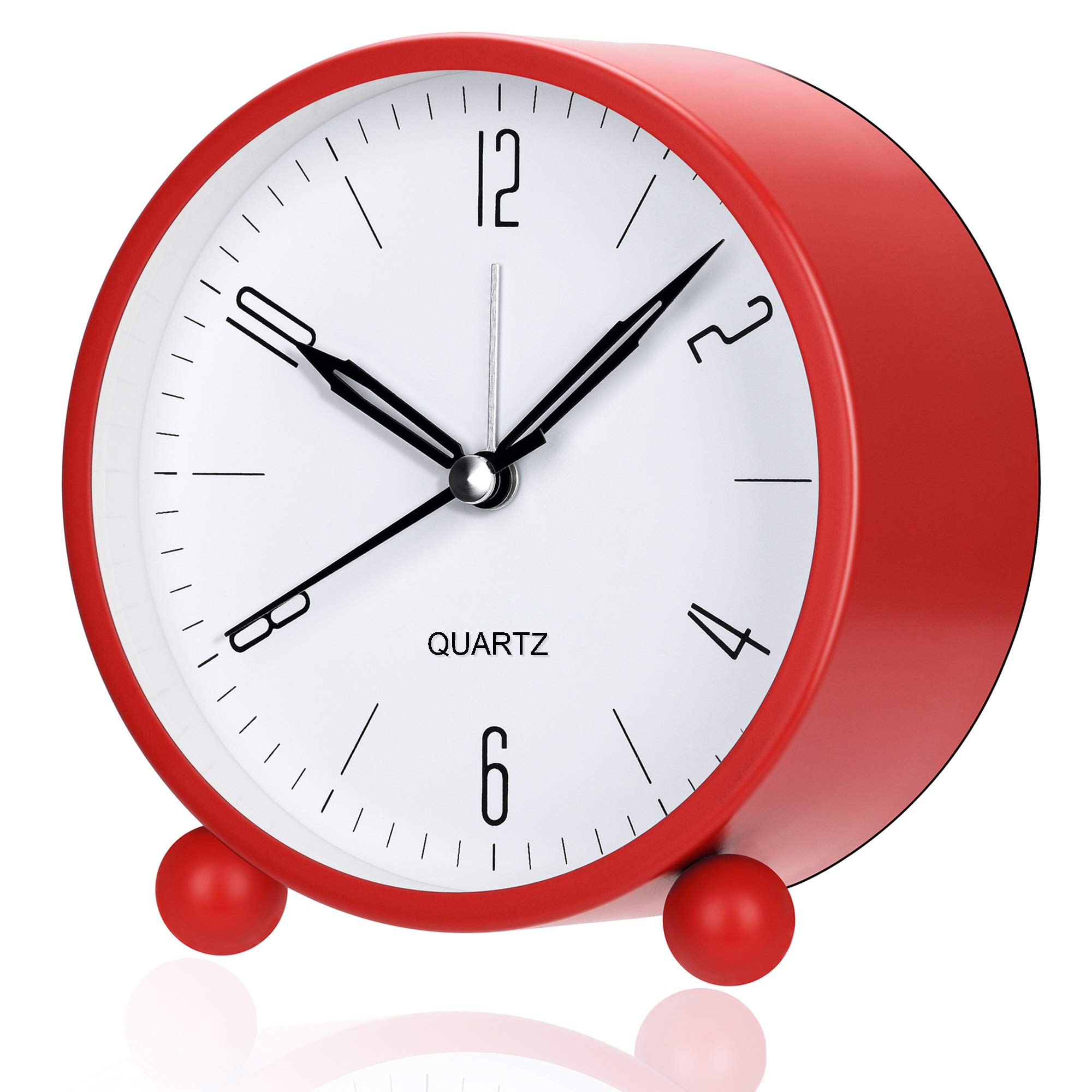 Outwit Alarm Clock, 4 Inch Round Battery Operated Analog Alarm Clock Silent Non Ticking, Easy Set and Night Light Function, Simple Stylish Design for Desk/Bedroom Gift Clock(Red)