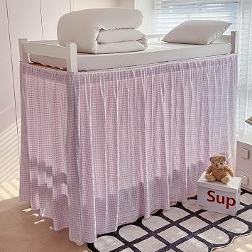 Pink Plaid Gingham Ruffled Dorm Bed Skirt Twin XL 42 Inch Drop, Extra Long Wrap Around Elastic Dust Ruffle, Machine Washable Checked Bed Skirt for College Dorm Room