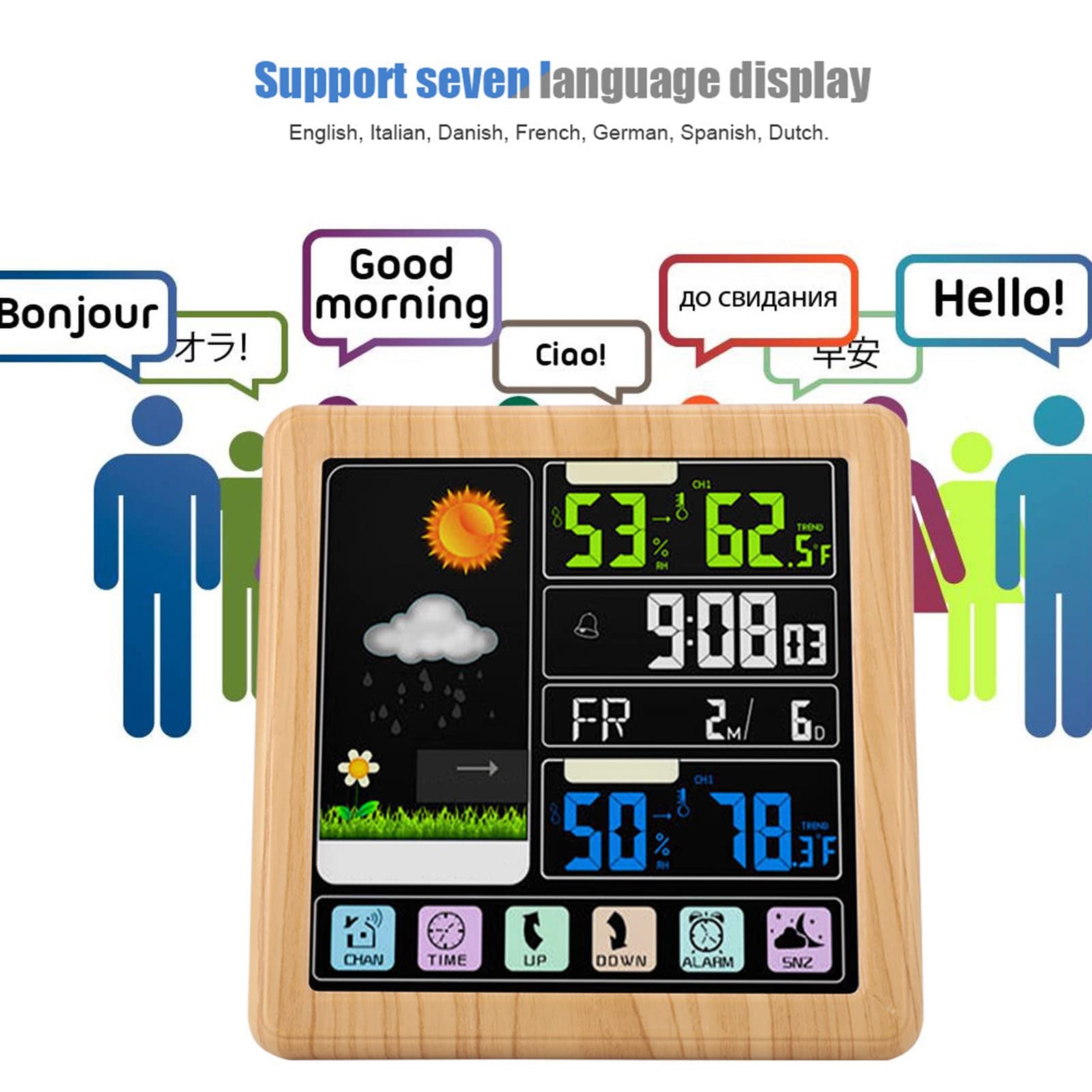Sxhlseller Drahtlose Wetteruhr mit Vollem Touchscreen |Multifunktionswecker mit Farb-LCD, USB-Anschluss, Kindersicherung für TS-3310 (Holzfarbe)