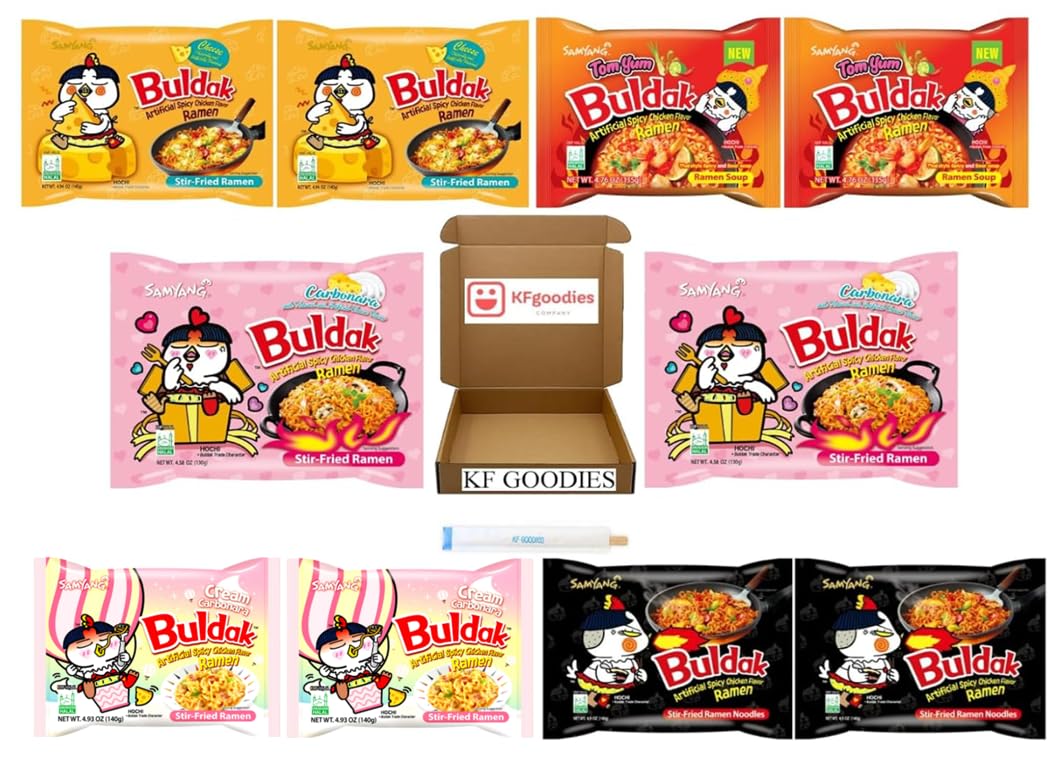 Samyang Buldak Hot Spicy Chicken Ramen Noodle Korean Stir-Fried Ramen (10 Pack, Carbonara (3), Cheese (2), Cream Carbonara (1), Original Spicy (2), Tom Yum (2))