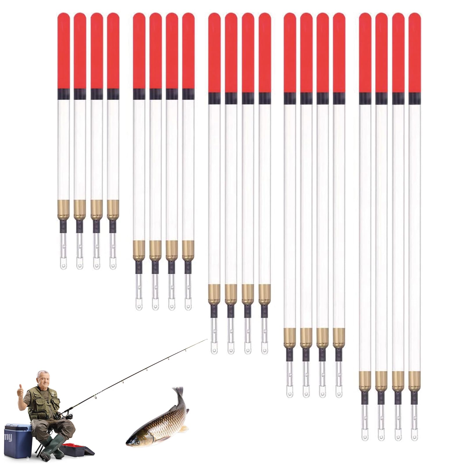 Float Tube For Fishing JNGTKL 20 Pcs , Red Straight Insert Transparent Float Fishing Kit, Fishing Accessary For Fishing Lovers, Suitable For Fishing In Stillwater And Running Waters (5 Sizes Fishing Floats