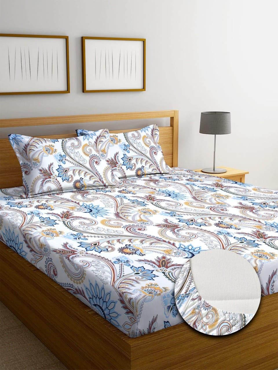 Blue Strip Polycotton Fitted Bedsheet, Queen 60x78 (White Pattern) | 300 TC, elastic all-round grip, deep pocket, soft, breathable, colourfast, non-shrink, wrinkle resistant, machine washable