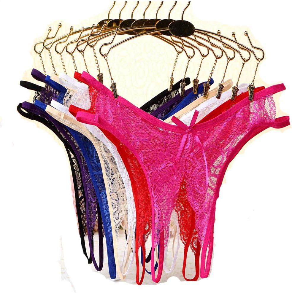 Justgoo 6 Pack Women's Lace Thongs Underwear Hollowed Out Sexy Cheeky G-String See Through Panties Black