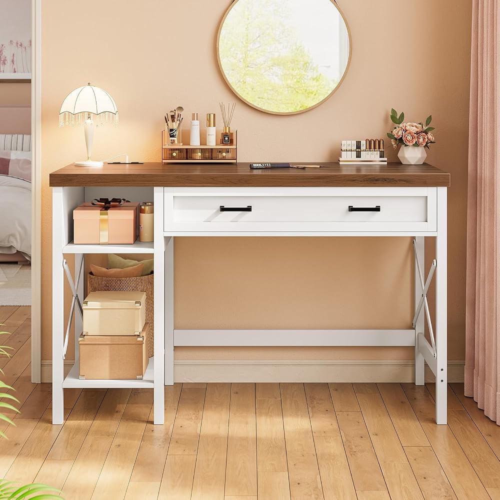 SEDETA Farmhouse Small Desk with Drawers, 40" Computer Desk with Storage Shelves, White Writing Desk for Small Space and Power Outlet, Desk for Bedroom, Home Office