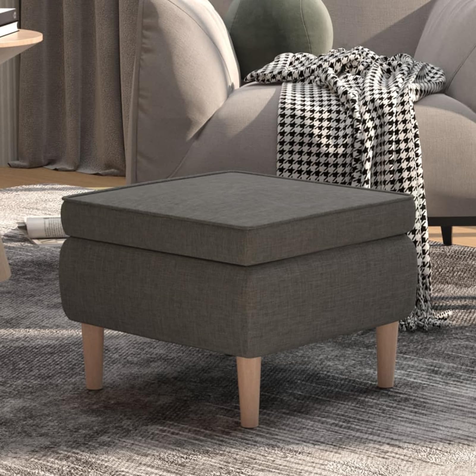 Tidyard Tabouret avec Pieds en Bois Gris foncé Tissu, Pouf Repose-Pied, Coffre de Rangement Petit Siège Ottoman, Tabouret Bas pour Canapé, Chambre, Salon, Entrée