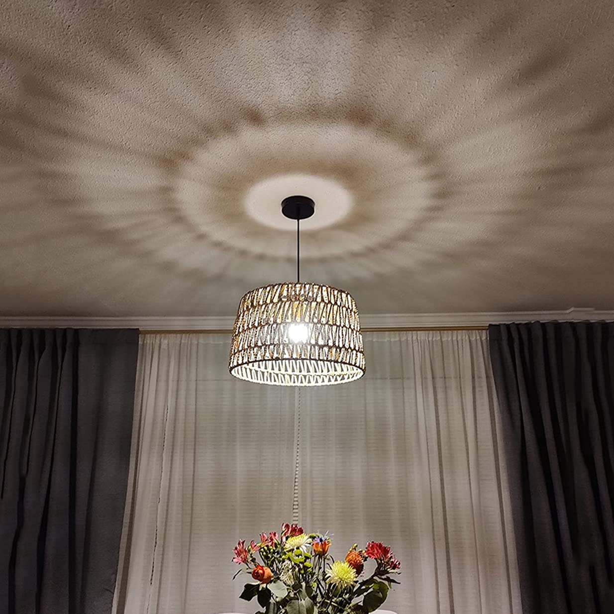 Lustre ventilateur de plafond industriel en corde de chanvre et métal noir E27