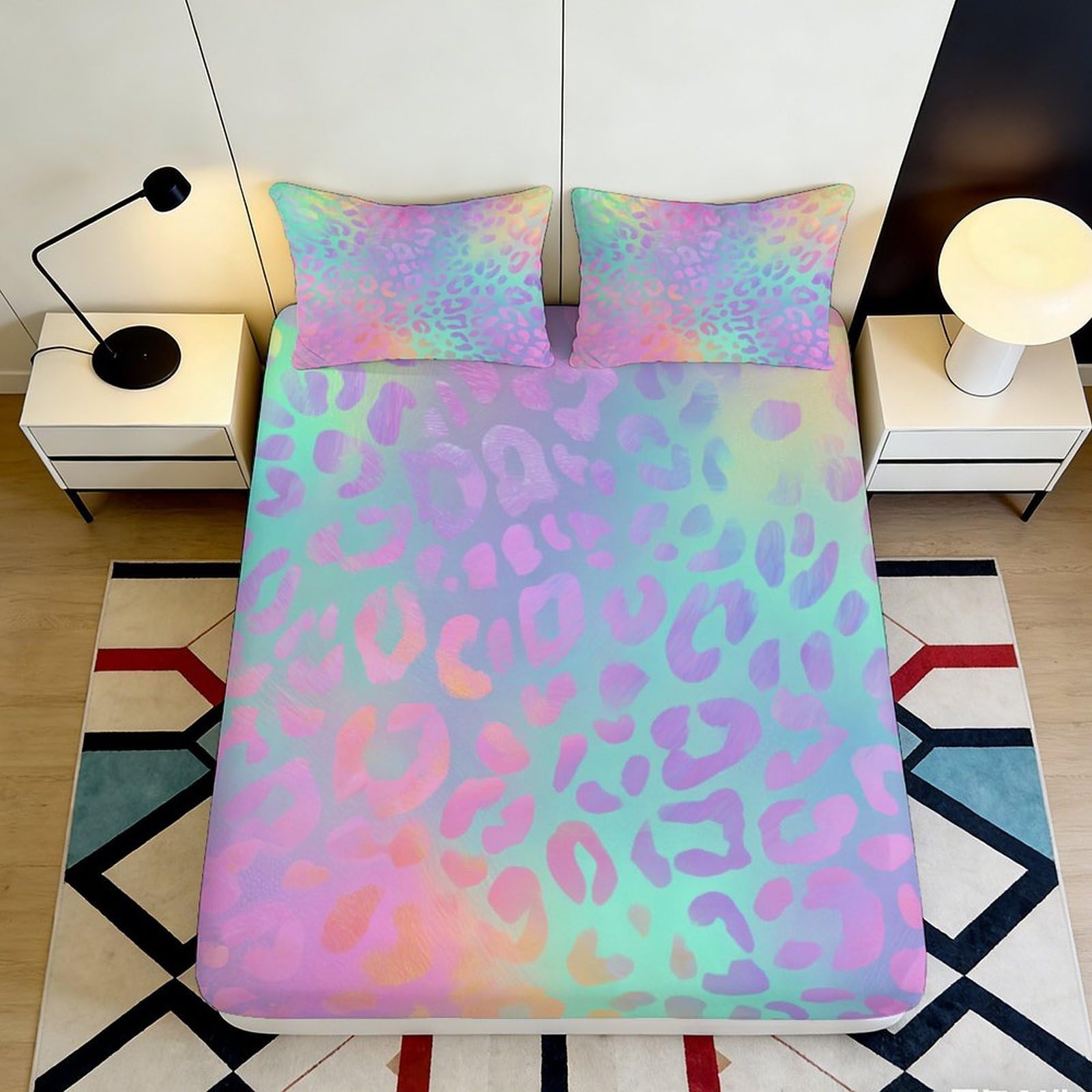 3D Printed Rainbow Leopard Fitted Sheet Microfiber Soft Multicolor Pastel Animal Mattress Cover for Bedroom Dorm Decor 120x200x25cm