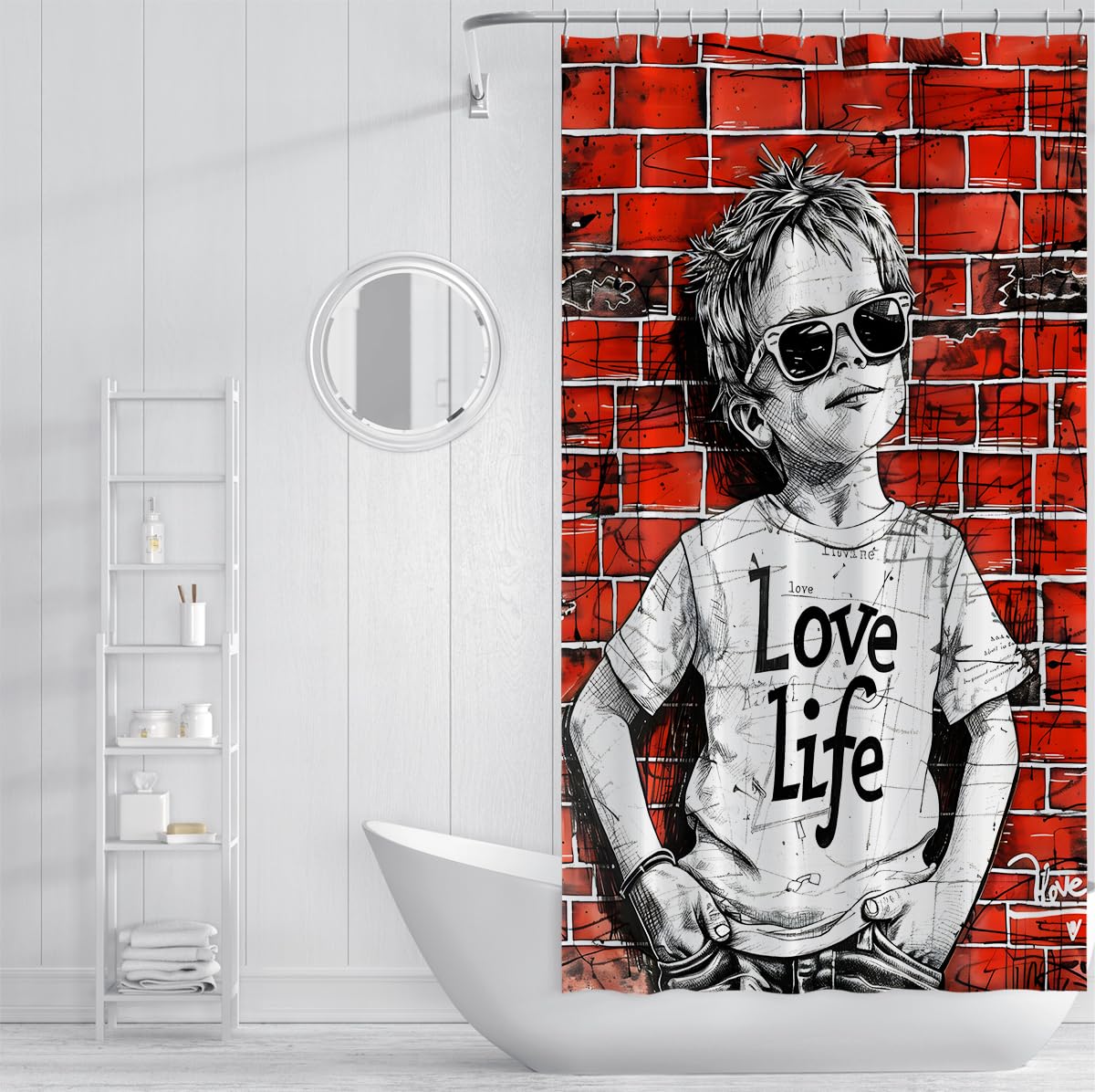 Straßen-Stil Duschvorhang Cooles Kinderporträt mit Sonnenbrille Wasserdichter Polyester-Badevorhang Maschinenwaschbar für schicke Badezimmerdekoration 180 x 180 cm
