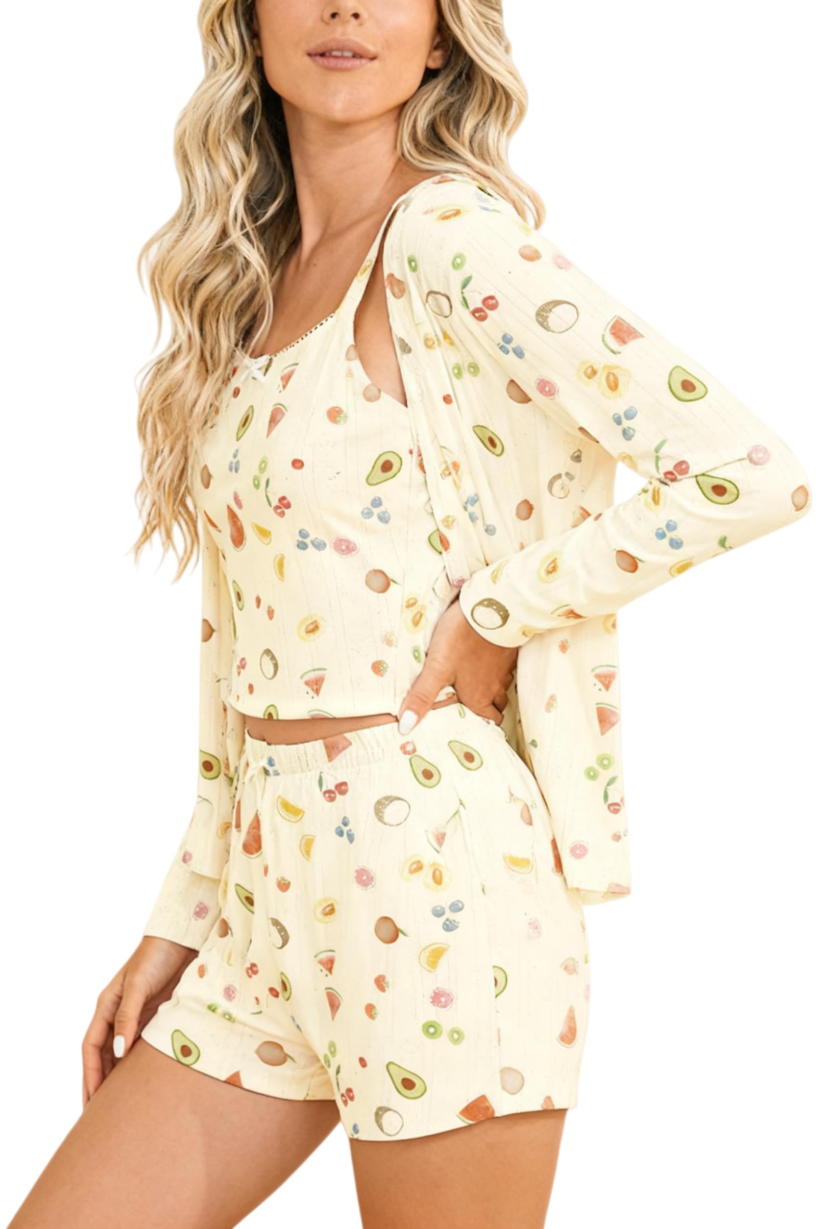 Dressmine Womens Short Pajamas Set Casual 3 Piece Outfits Sets V Neck Fruit Cropped Tops Shorts Y2k Sleepwear Yellow Small