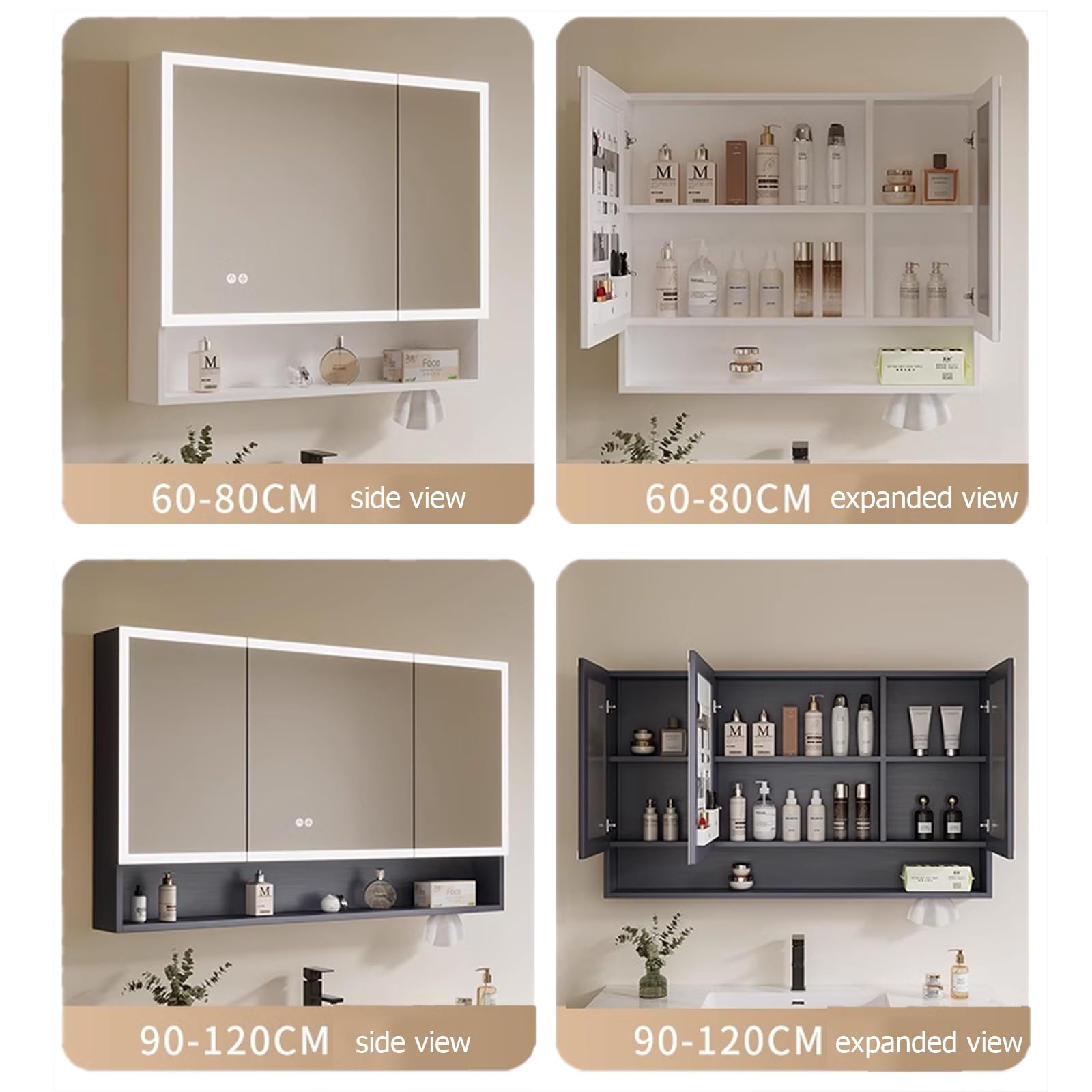 Armario espejo baño con luz,armario baño con espejo y luz led,LED espejo con almacenaje de maquillaje,armario baÃo con Interruptor Táctil,visualización de la hora(Beige,W70*H70cm/W27.5*H27.5in)