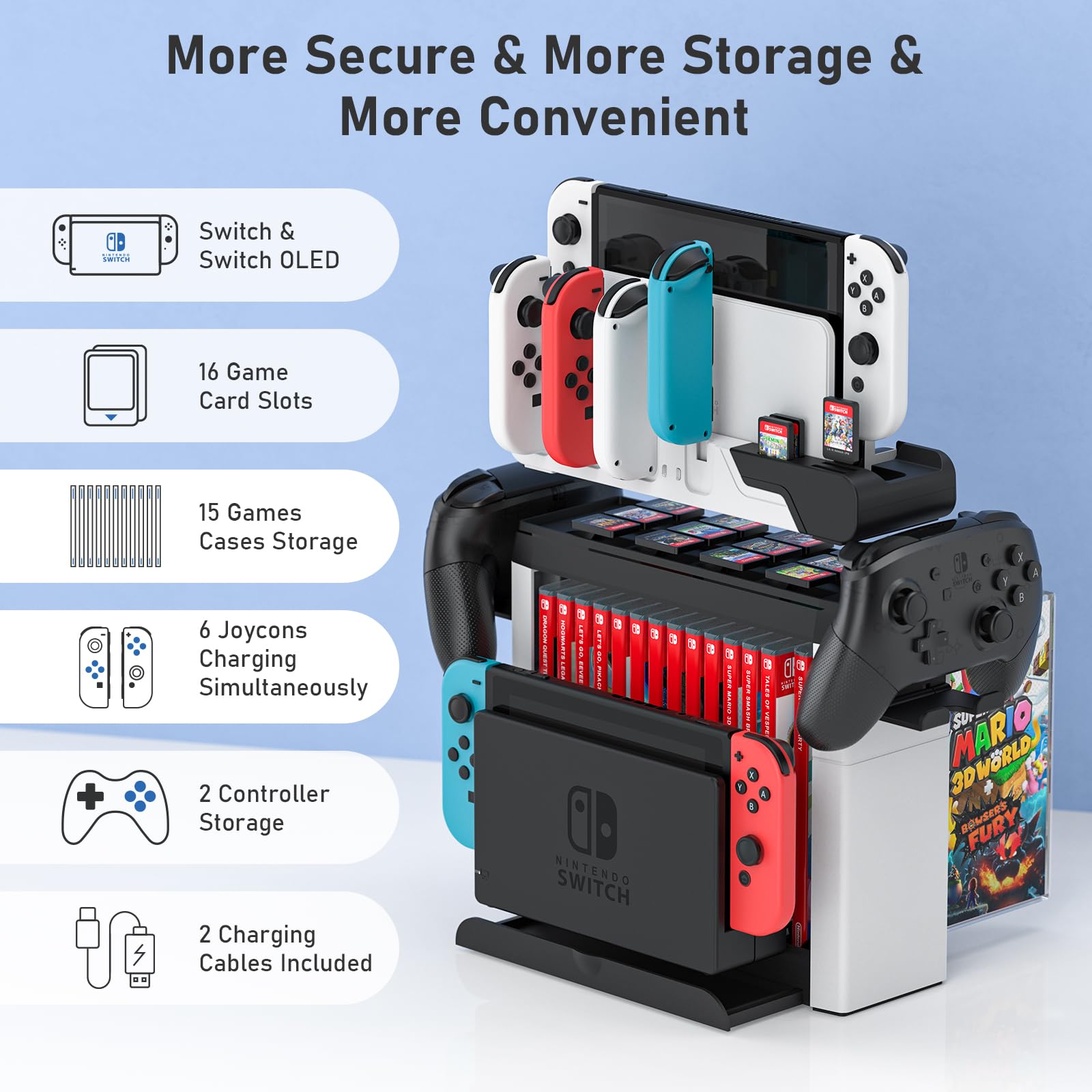 Switch Game Storage con controller Charger per Nintendo Switch e modello OLED, MLIFEMFUL Switch Charging Dock carica 6 Joycon, Switch Gaming Accessories Holder Desk, Switch Game Gift Card Organizer