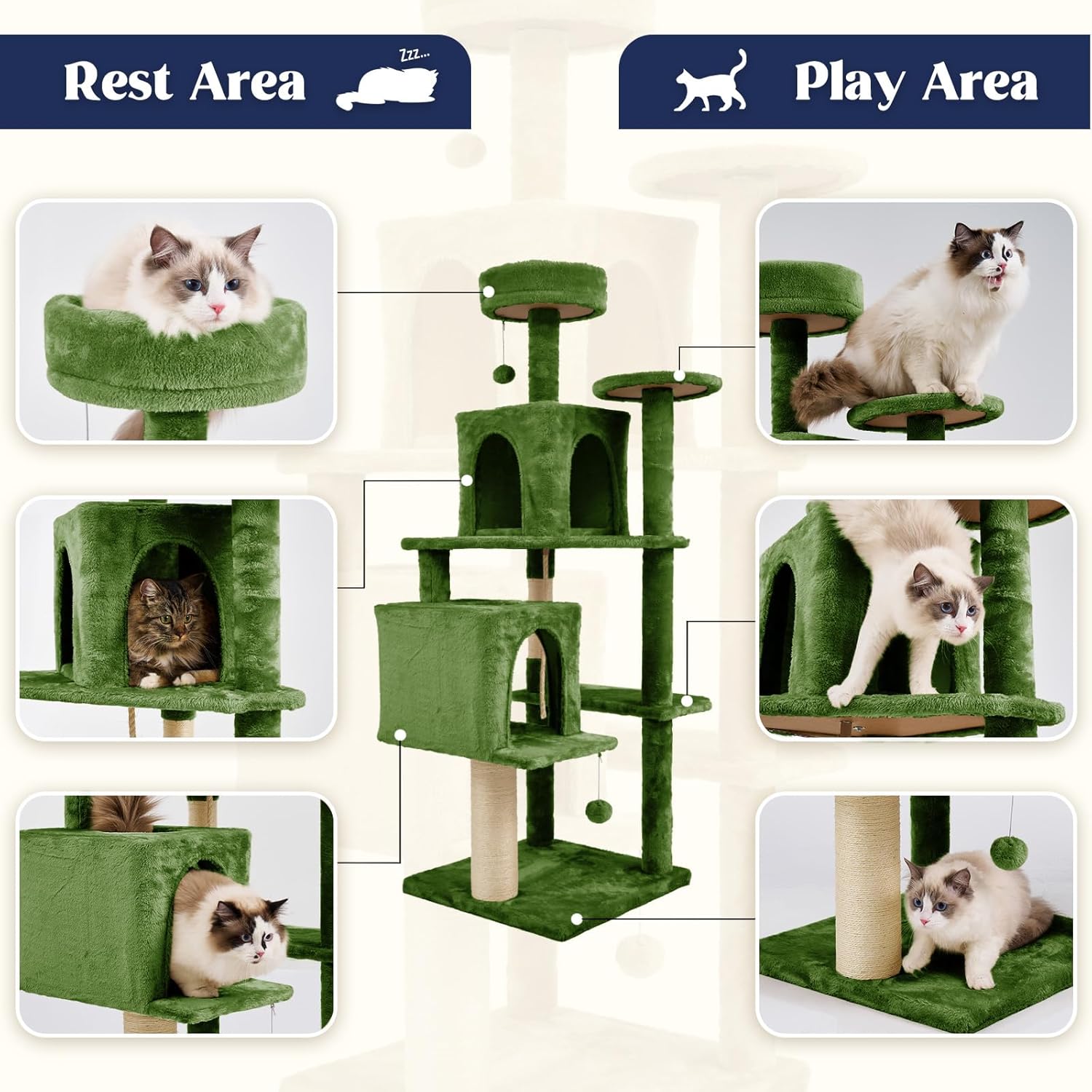 review 58 Inch Cat Tree Cat Tower for Indoor Cats Tall Cat Condos Scratching Post with Hanging Toy Cat Furniture for Kitten Pets Play, Green