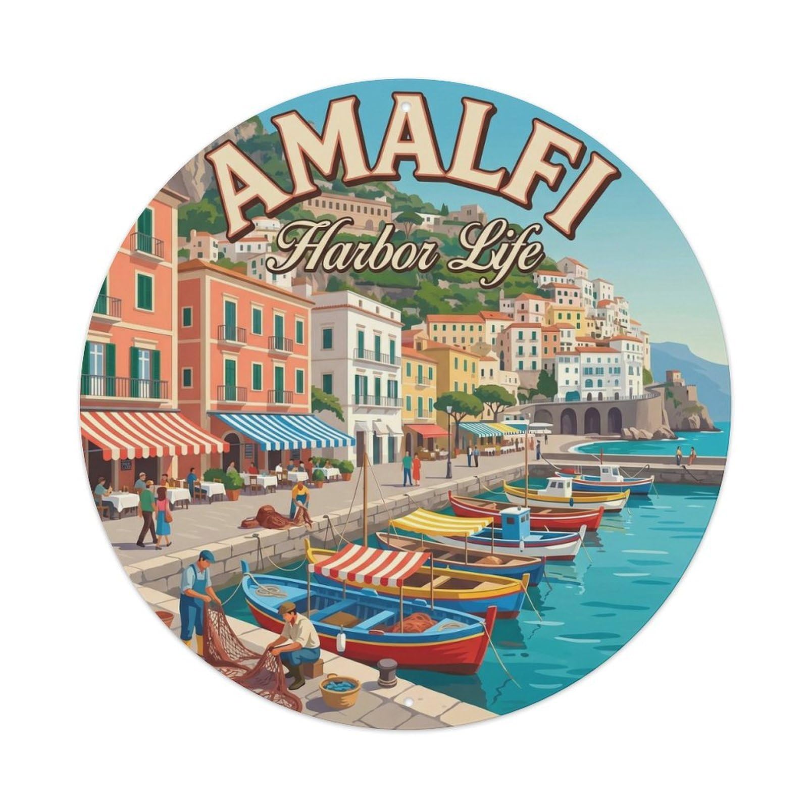 Coastal Italy Mediterranean Harbor Scene Travel Heritage Metal Tin Sign Plaque Wall Decor for Cafe, Man Cave, Club Bar, Office, Home Garden Round Metal Poster 8x8Inch