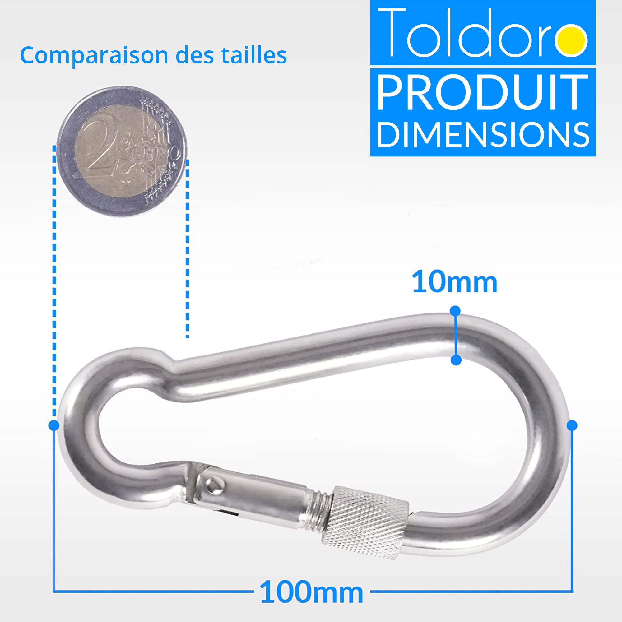 Toldoro Mousqueton en acier inoxydable avec fermeture de sécurité, mousqueton de 100 mm, mousqueton de fixation, mousqueton en acier inoxydable avec fermeture
