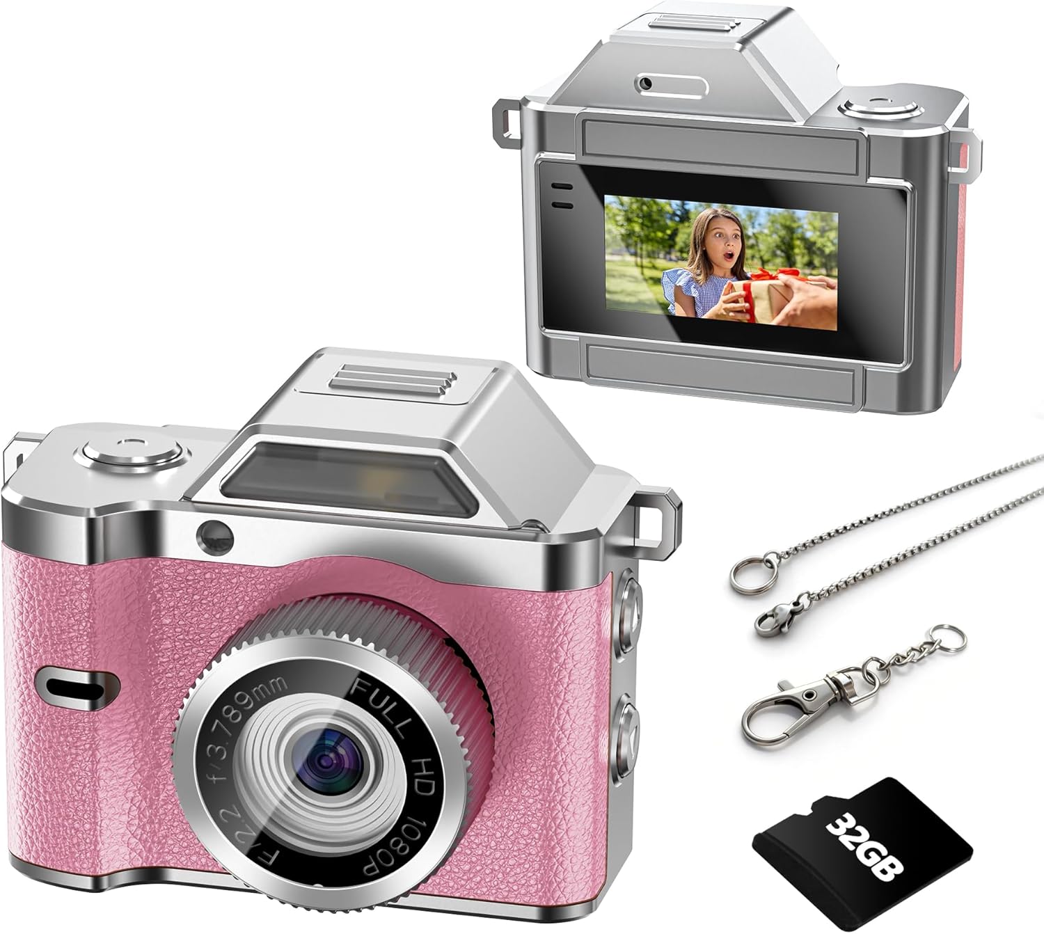 OMK Mini Keychain Camera, 1080P Pocket-Size Camera with 32GB Card, Portable Mini Retro Camera, One-Button Recording, Lightweight Vintage for Travel, Birthday Gift, Party, Daily Moments(Pink)