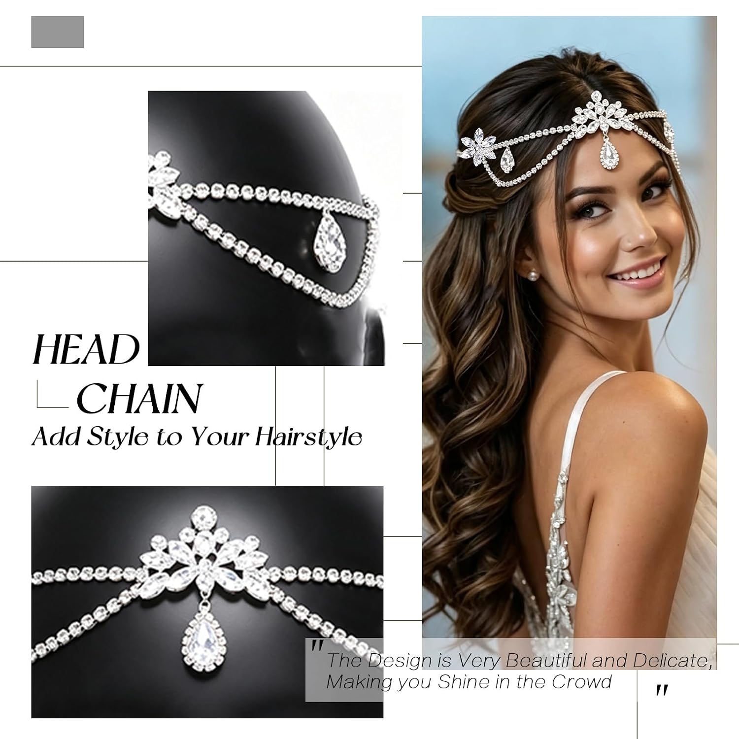 NAISKA Silver Rhinestone Head Chain Crystal Teardrop Head Jewelry for Women