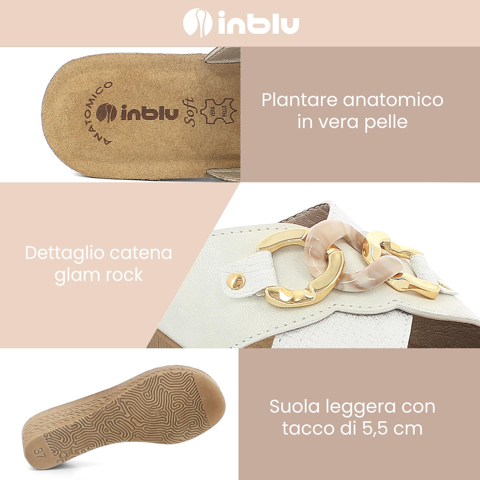 inblu Ciabatte Donna, Fasce Incrociate E Catena Bicolore, Plantare In Vera Pelle Sandali a ciabattaDonna
