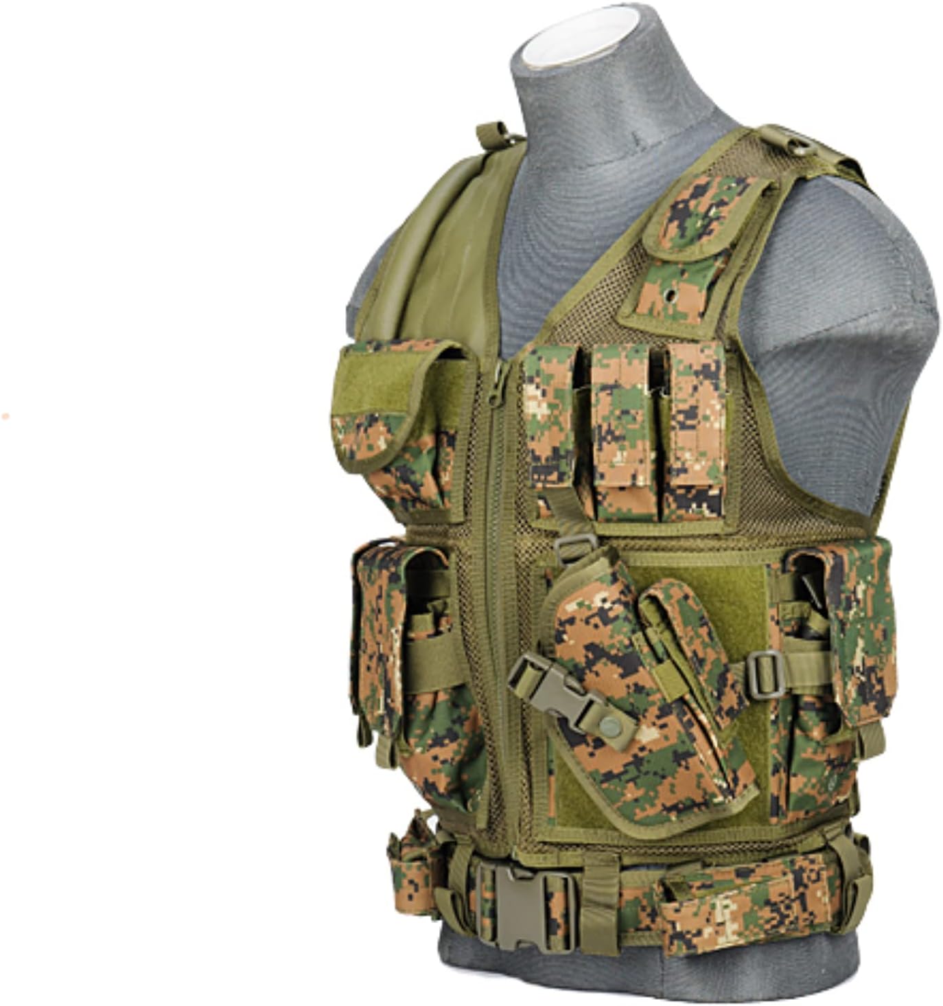 Lancer Tactical 600 Denier Nylon Tactical Cross Draw Vest with Embedded Pistol Holster Three Magazine Pouches Flashlight Pouch Pistol Belt Admin Pockets Breathable Nylon Mesh Interior - DIGITAL MARPAT