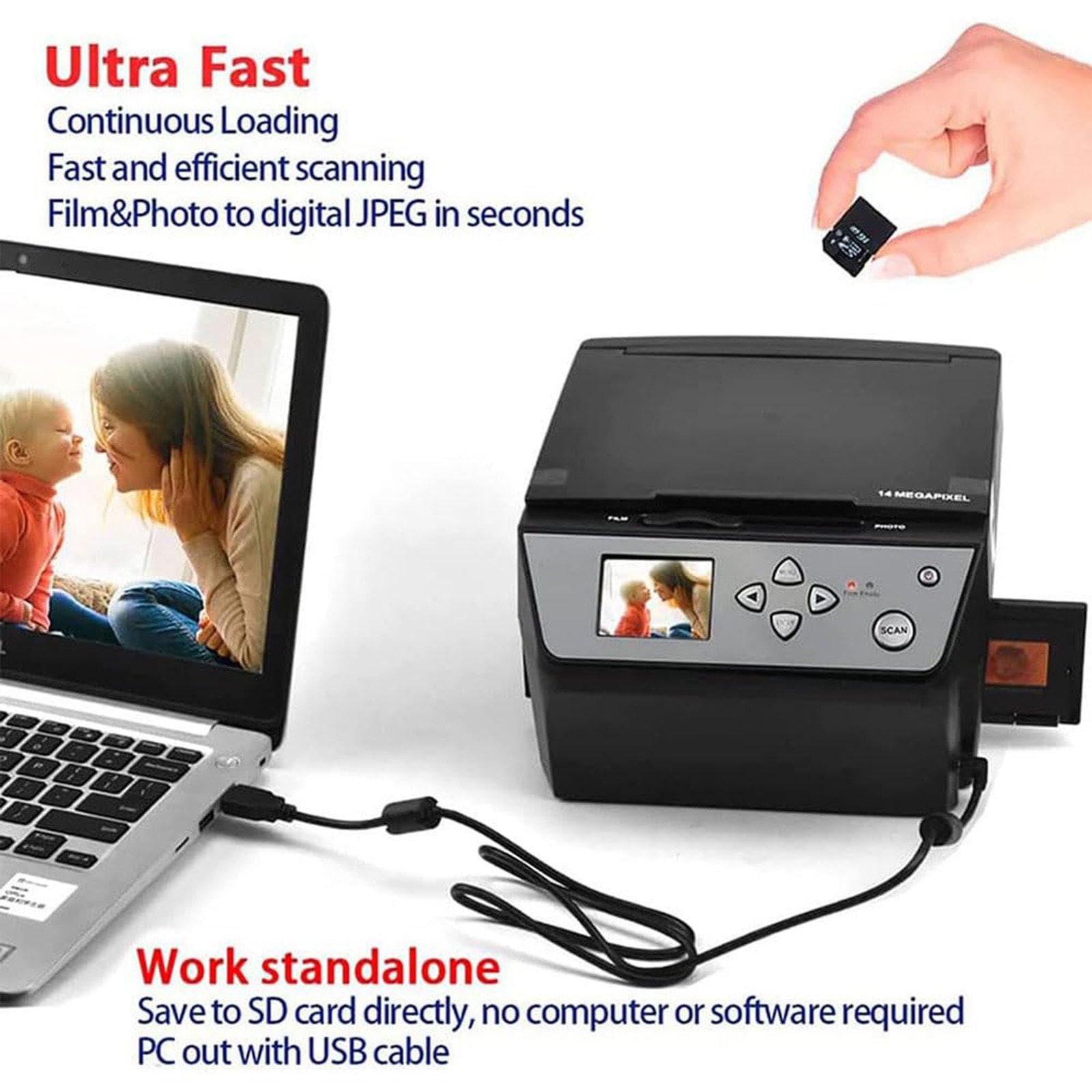 Scanner Fotografico Multifunzione per pellicole/Diapositive/Foto (Schermo LCD da 5"), conversione di pellicole 135 e 110/diapositive da 35 mm + Foto in File JPG digitali HD da 22 MP