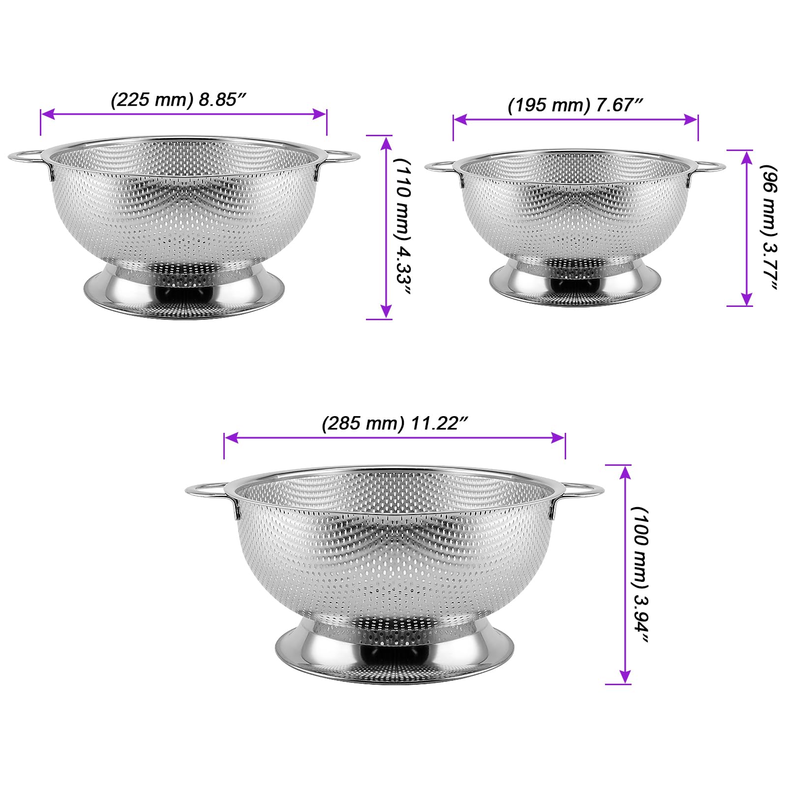 Juego de 3 coladores de cocina con mango y base, 19/22/28 cm