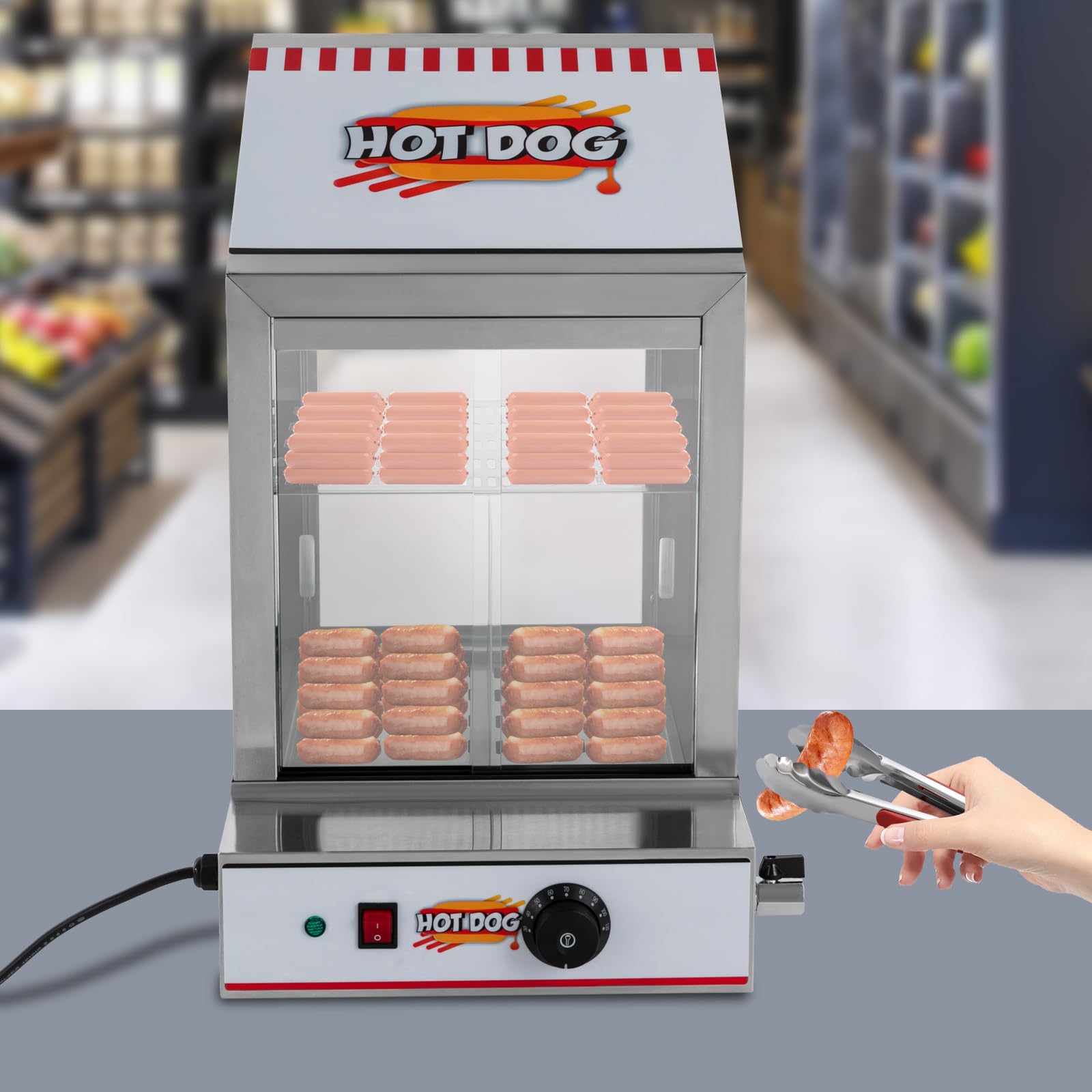 Hot Dog Maker, 40 L 1200 W eléctrico Hot Dog Steamer Acero Inoxidable Salchichas Calentador de Salchichas con Ventana de Cristal, Calentador de 86-230 ℉ para puestos de comida, cantinas, restaurantes
