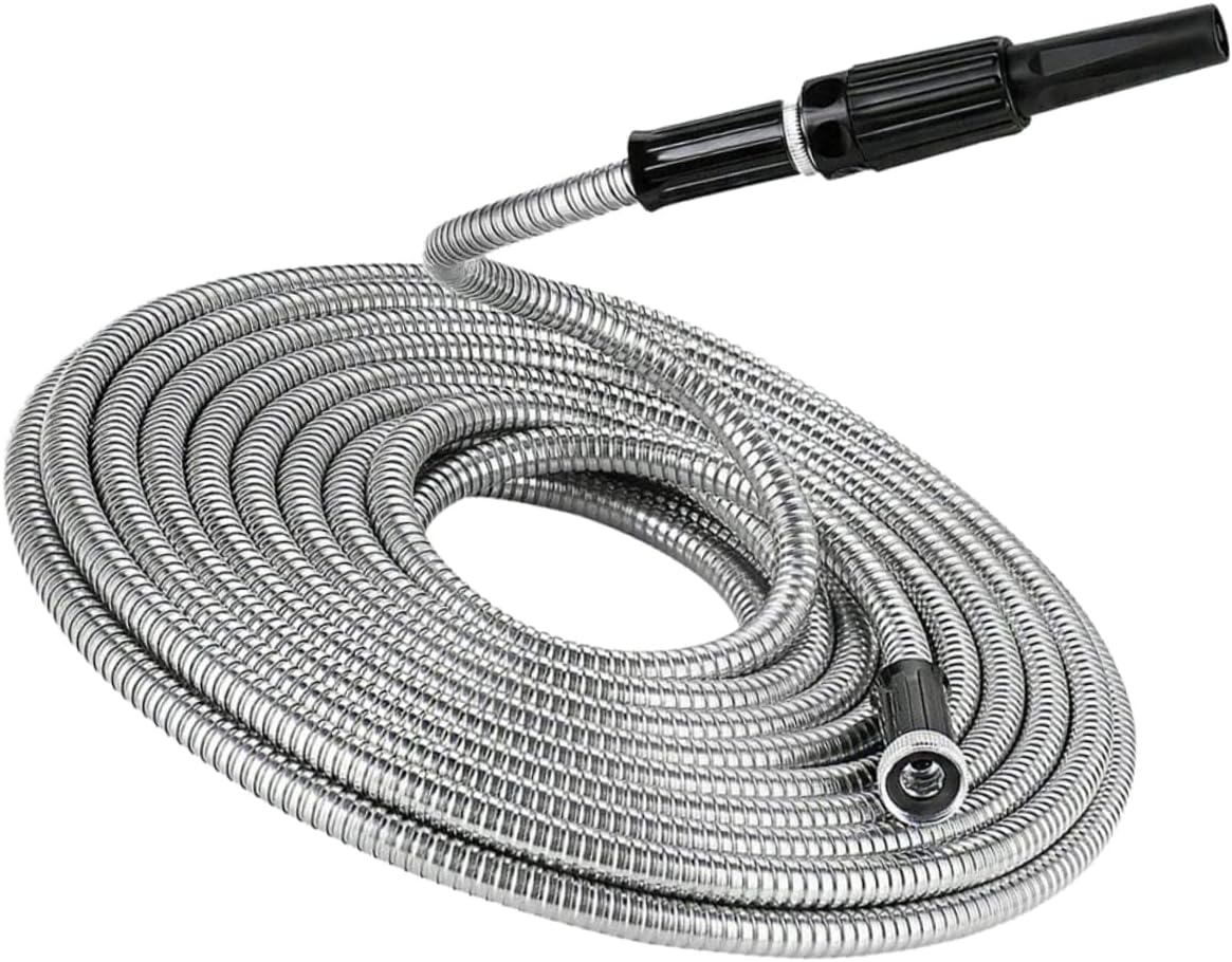 Stainless Steel Telescopic Watering Hose Durable Heavy Duty Expandable Garden Hose with Nozzle Puncture for Outdoor Use