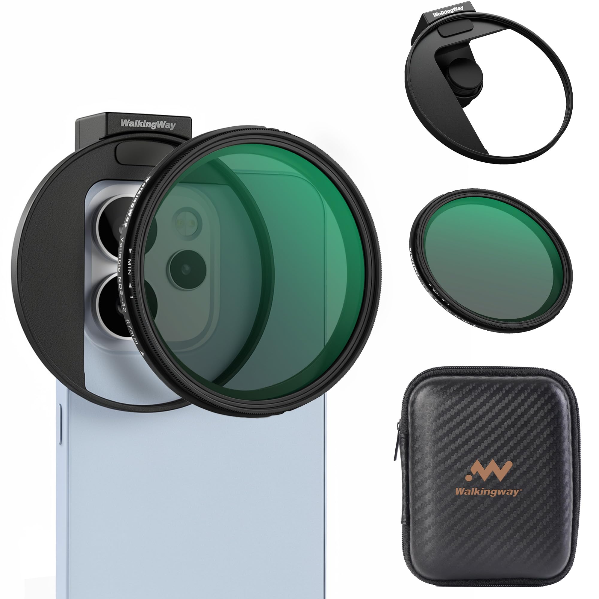Walking Way Kit Filtro per Telefono 67mm – Clip Obiettivo Universale + Filtro Variabile ND2-32, Riduzione della Luce di 1-5 Stop con Slitta Fredda per Smartphone