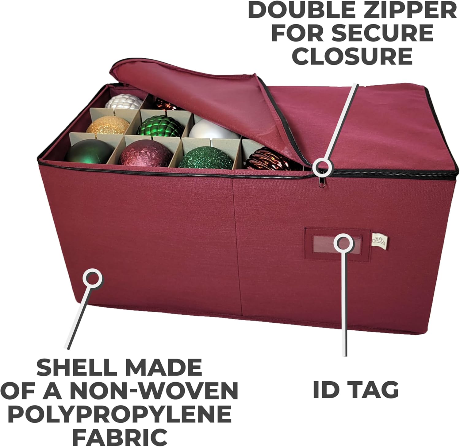 612 Vermont Christmas Ornament Storage Box with Adjustable Acid-Free Dividers, Holds 54 – 4 Inch Ornaments (SB-40044-VT) - Image 3